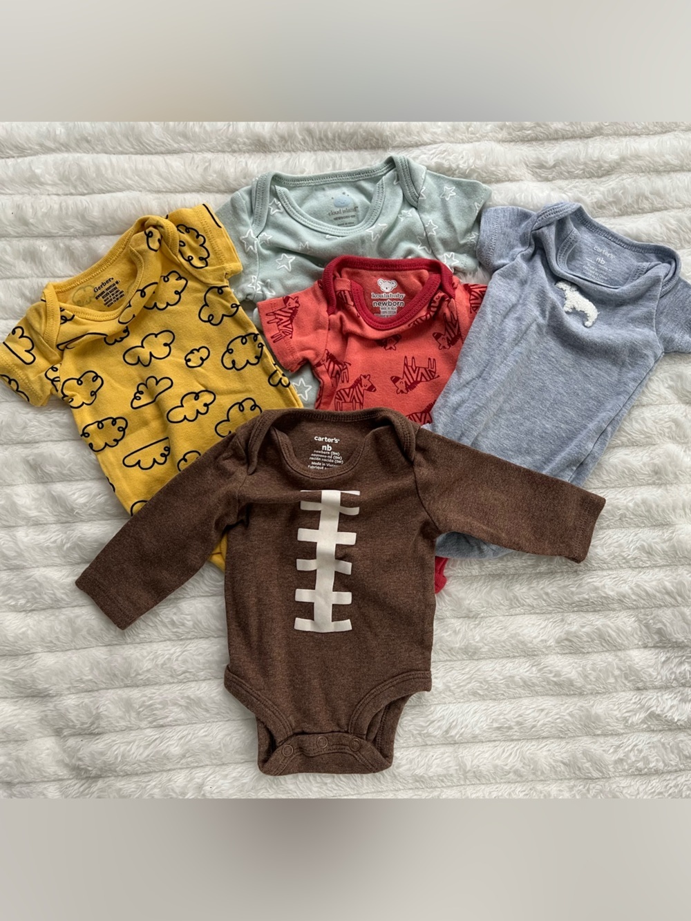 5 Pack Newborn Baby Onesie Bundle Clouds Football Zebra Stars sheep